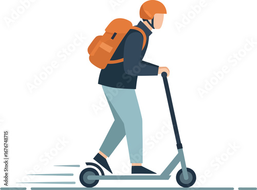 Man riding an electric scooter, wearing a helmet and backpack, in motion.