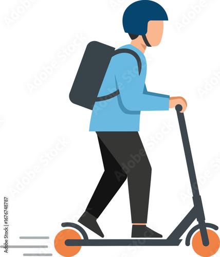 Side view of a person riding an electric scooter, wearing a helmet and backpack.