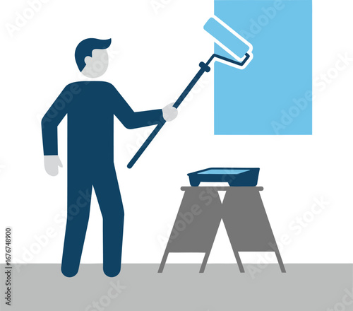 A man paints a wall using a paint roller and tray.