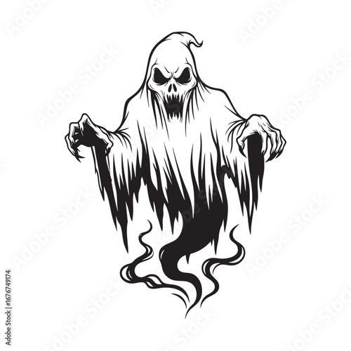 Spooky Ghost Spirit with Skull Face Silhouette - Halloween Haunting