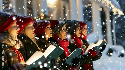 Festive Christmas Carollers Singing in Snowy Setting with Holiday Lighting