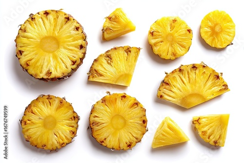 Sliced pineapple segments arranged on white background