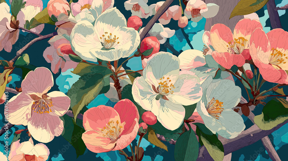 Art deco style poster of spring blossoms, bold pastel colors, vintage aesthetic