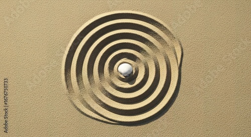 A White Seashell Centered in Sand with Concentric Shadowed Circl