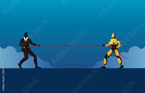 Businessman Competing with Robot in Tug of War Vector Illustration