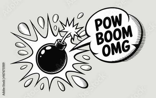 Retro comic book style bomb explosion with pow boom omg speech bubble