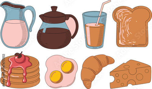 Whimsical hand drawn breakfast foods and drinks collection on white background