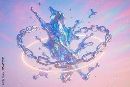 Abstract Holographic Metallic Fluid Splash with Swirled Chrome Chain Orbit around on Pastel Rainbow Backdrop