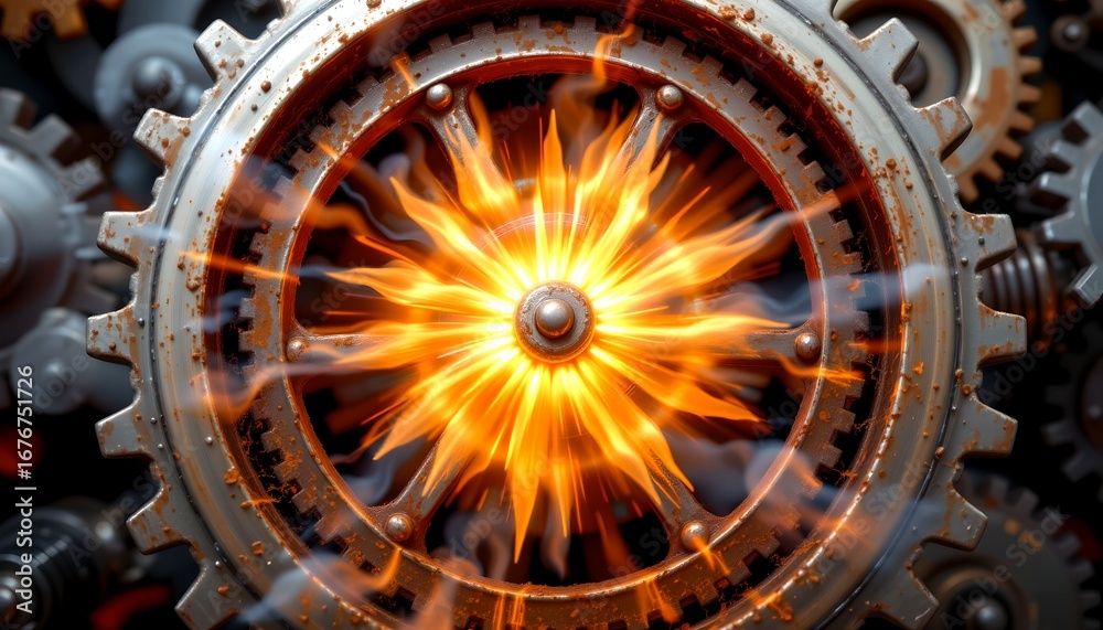 Fototapeta premium Intricate gears of a machine, with a bright, glowing core, showcasing the power of mechanics and the beauty of technology