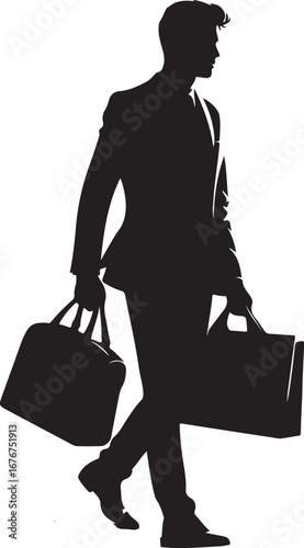 A stylized silhouette of a man in a suit confidently striding forward, carrying both a briefcase and a duffel bag, suggesting a busy and determined professional on the go.