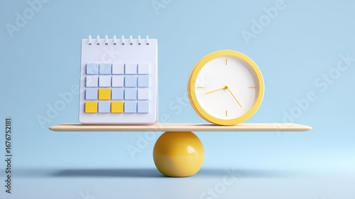 Balanced schedule concept with calendar clock and planner for time management