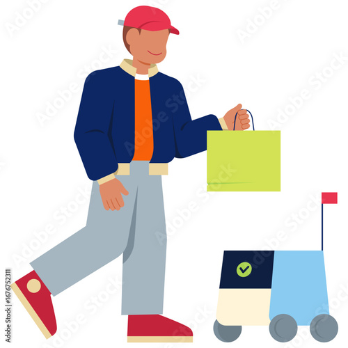 Man getting paper bag from delivery robot