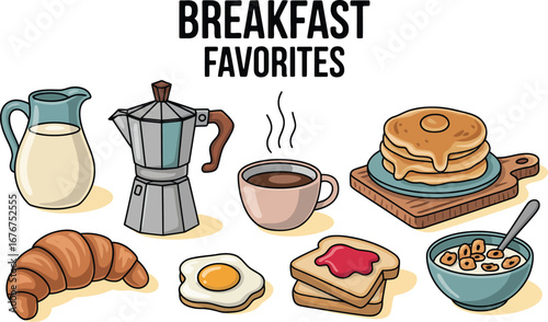 Delicious assortment of breakfast favorites hand drawn illustration