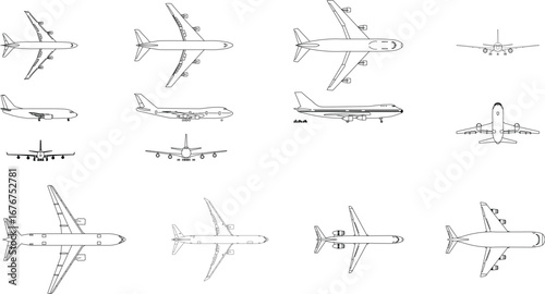 A collection of detailed black-and-white outline vector illustrations of various commercial passenger airplanes, shown from multiple angles.