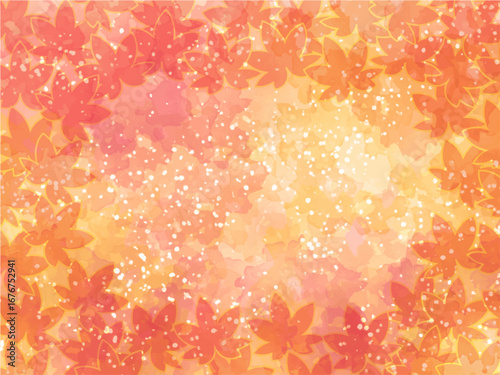 秋の紅葉のイメージの背景素材。水彩風テクスチャー。紅葉の葉っぱのシルエット。セピア調の落ち着いた色調。ふんわりした光の輝き。コピースペース。