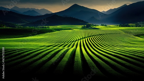 Lush Green Rolling Hills Under a Dramatic Sky with Mountain Range in the Background at Sunset