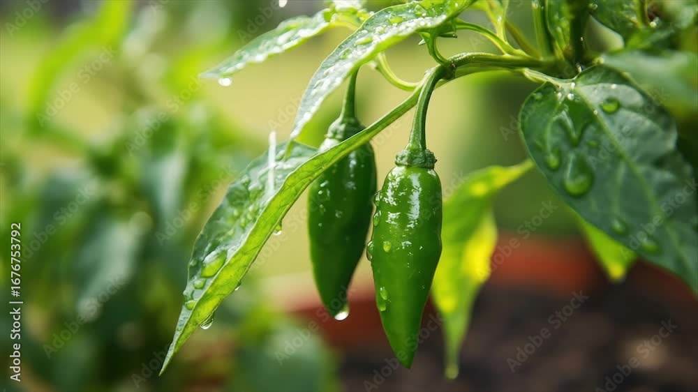Close-up of unripe green chili peppers on a plant with water droplets
