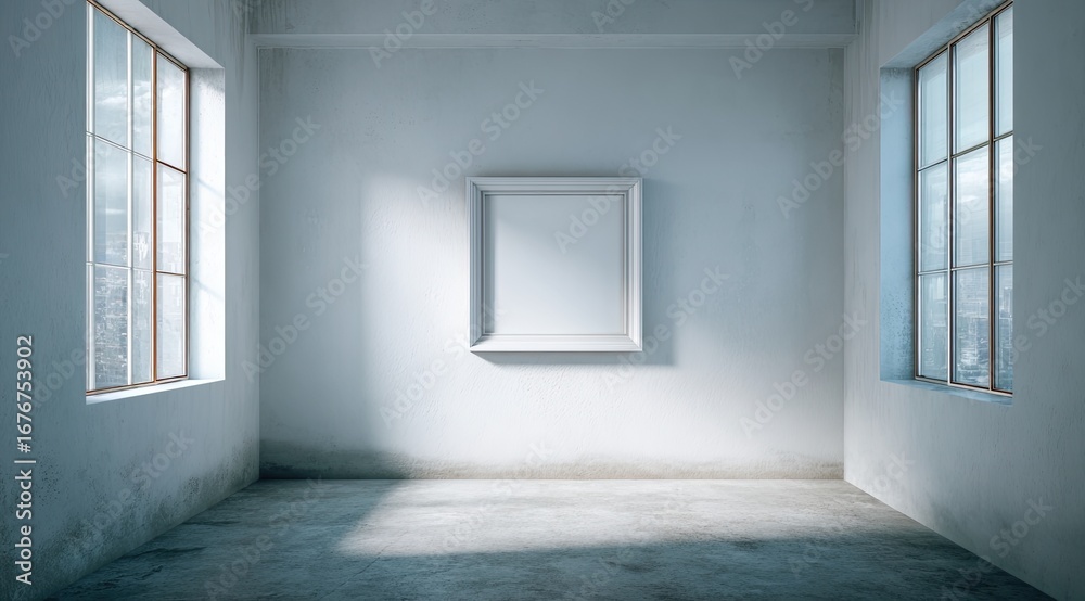 Obraz premium Empty room with large windows and a blank picture frame