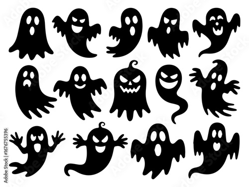 halloween ghost vector illustration featuring a set of unique silhouettes of ghost designs. Perfect for Halloween, this set includes traditional and abstract ghost.