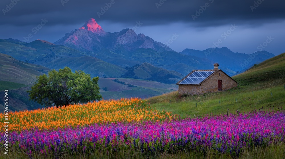 Fototapeta premium Vibrant Wildflower Landscape with Rolling Hills and Majestic Mountain at Dusk