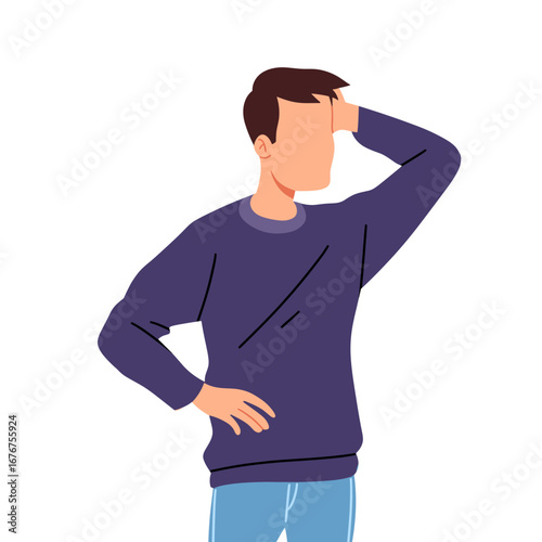 Flat vector illustration of a confused man touching his head, representing stress, doubt, problem solving, or difficulty. Perfect for business, education, and lifestyle concepts.