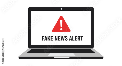 A digital laptop screen displays a prominent 'FAKE NEWS ALERT' message with a warning icon, symbolizing the pervasive issue of misinformation online.