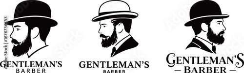 Gentleman's barber logos. Set of vector emblems with bearded men in bowler hats. Vintage and classic barbershop branding.