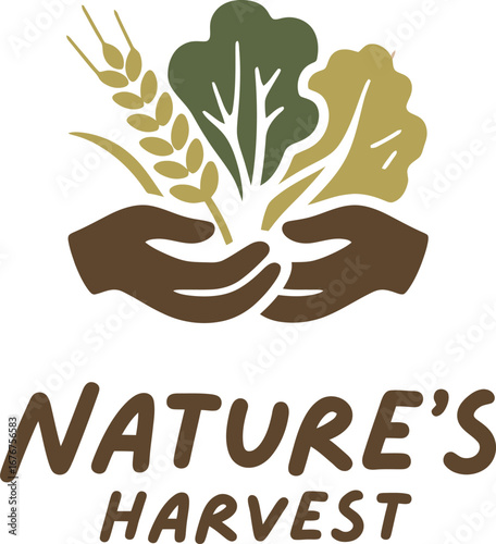 Nature's harvest logo. Vector emblem with hands holding fresh produce. Organic food, agriculture and natural products branding.
