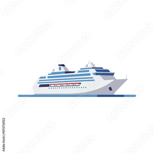 A white and blue cruise ship is sailing on the water, depicted in a flat, minimalist vector illustration.