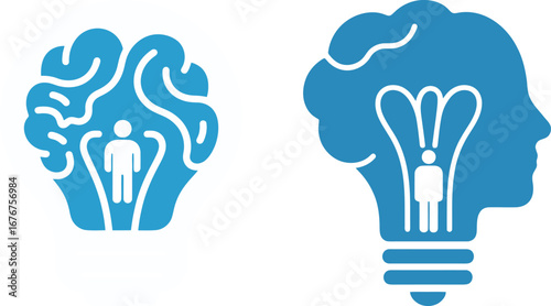 Brain and light bulb logos. Set of vector emblems for creative ideas and mind power. Innovation, thinking and solution concepts.
