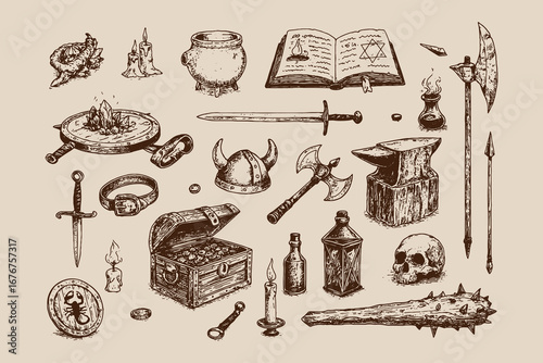 Vintage magical still life with crystal ball, potion bottles, dagger and arcane objects arranged in a mystical composition.