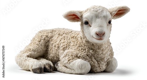 A small, light beige lamb lies down.  It's  cute and fluffy