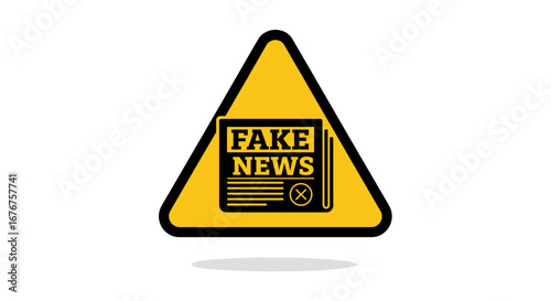 A prominent yellow warning triangle icon featuring a newspaper symbol with 'FAKE NEWS' text, representing misinformation and propaganda in media.