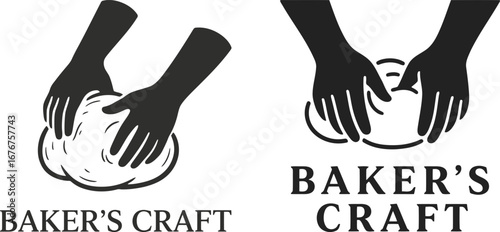 Set of black and white baker's hands kneading dough logos, ideal for bakeries, pastry shops, or culinary businesses