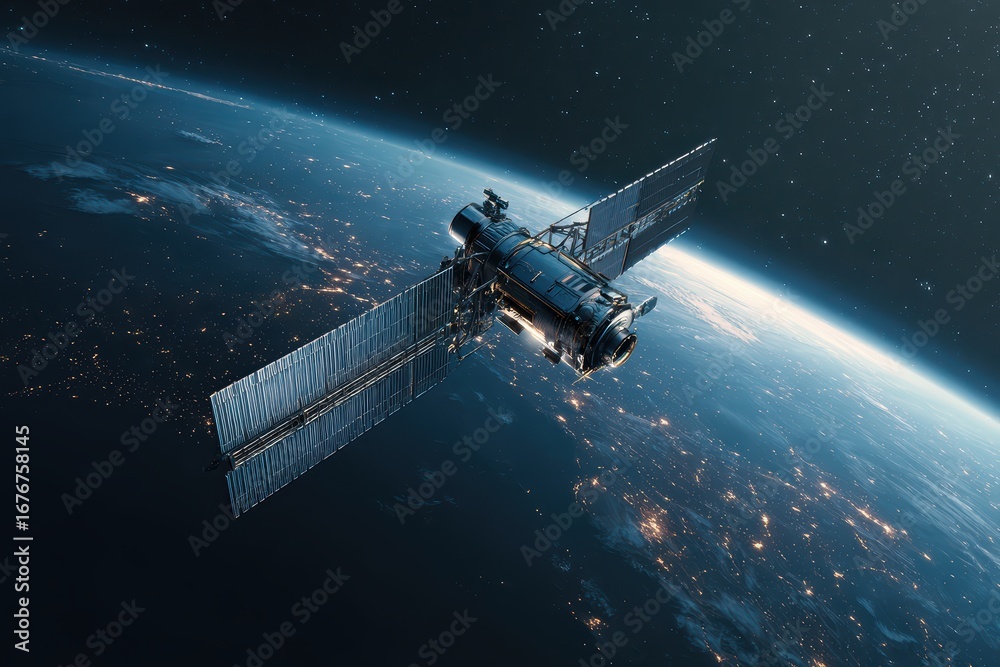 Obraz premium Sleek High-Tech Artificial Satellite Orbiting Earth Amid Twinkling Stars