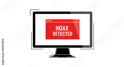 A digital computer monitor displays a critical red alert message indicating 'HOAX DETECTED', symbolizing the identification of online misinformation and cyber threats.
