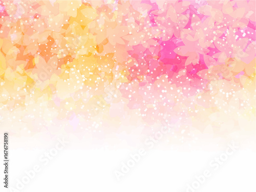 秋の紅葉のイメージの背景素材。水彩風テクスチャー。紅葉の葉っぱのシルエット。ふんわりした光の輝き。コピースペース。