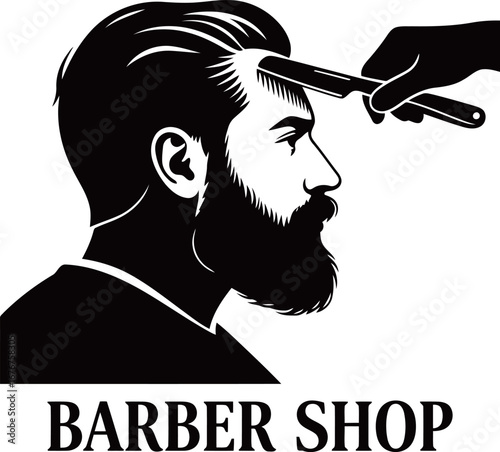 Detailed Barber Shop logo with a man getting a haircut with a straight razor, perfect for a high-end or traditional grooming business