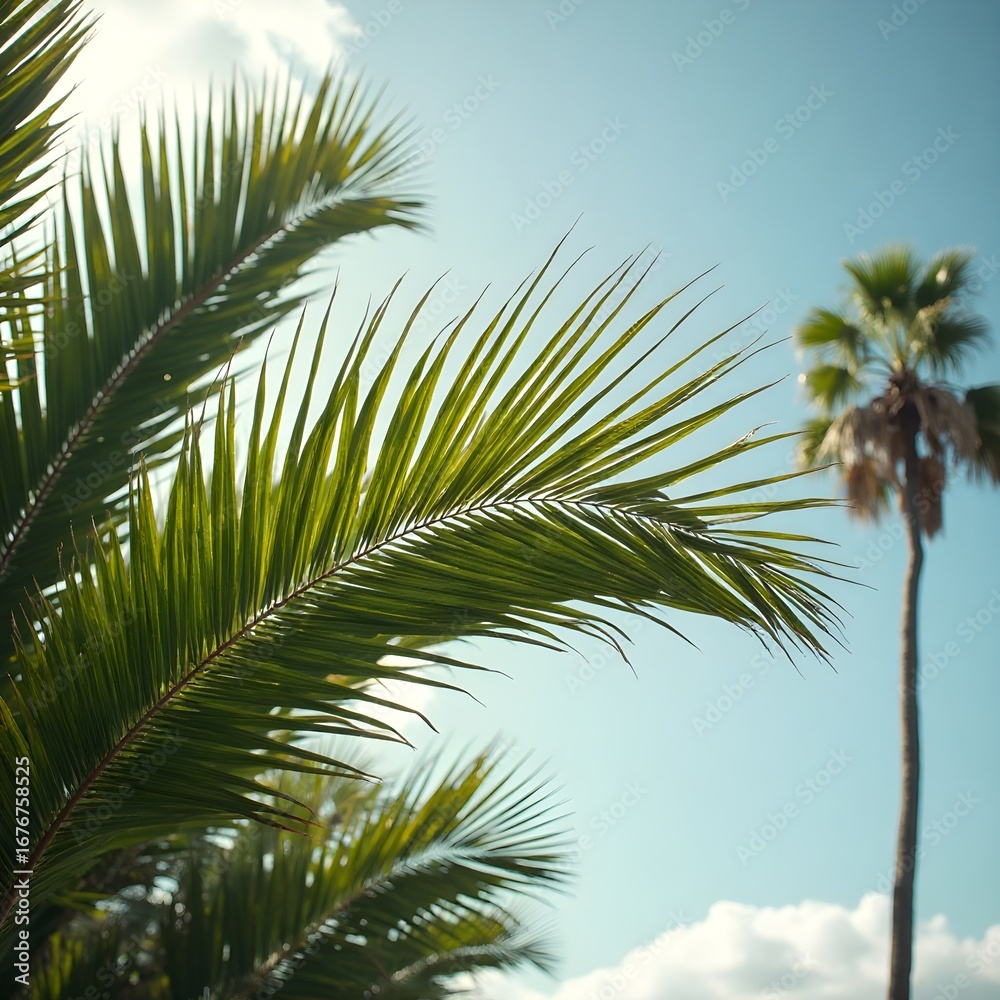 Fototapeta premium Palm Leaves Swaying in Breeze, tree and blue sky