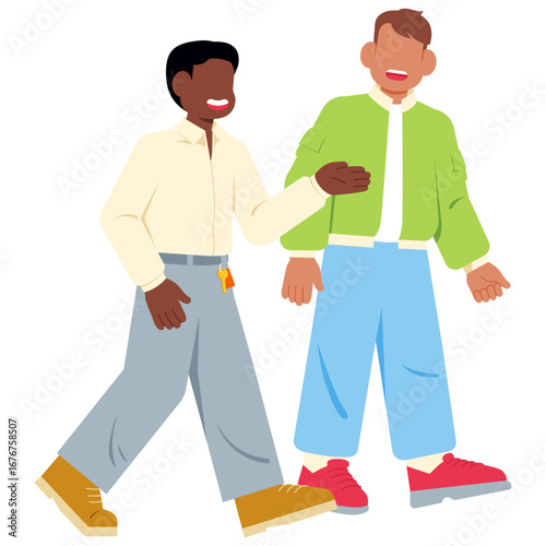 Two men are walking and talking