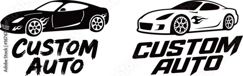 Collection of custom auto logos featuring stylized sports cars with flame graphics, perfect for a car tuning or modification shop