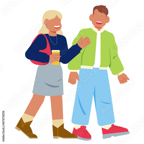 Woman and man walking and talking