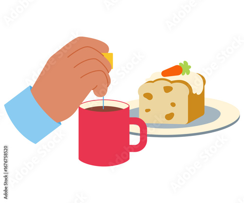 Tea mug with carrot cake on plate