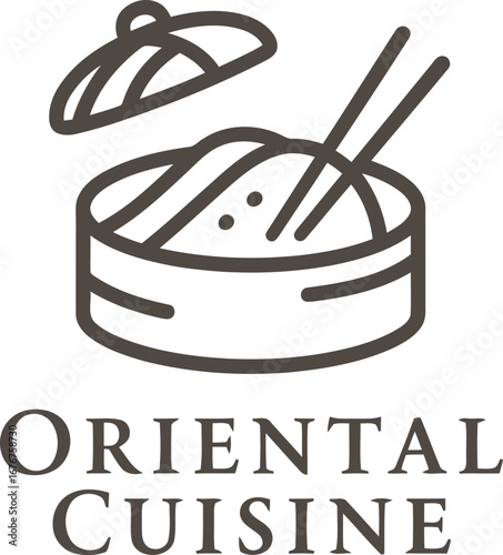 Minimalist Oriental Cuisine logo with a simple illustration of dim sum, chopsticks, and a steamer basket