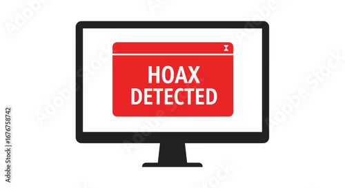 A computer monitor displays a critical red alert message, 'HOAX DETECTED', symbolizing the urgent need for digital literacy and combating online misinformation.
