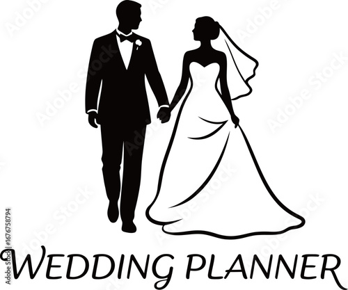 Elegant silhouette of a bride and groom walking hand in hand, perfect for a wedding planner or event company logo.
