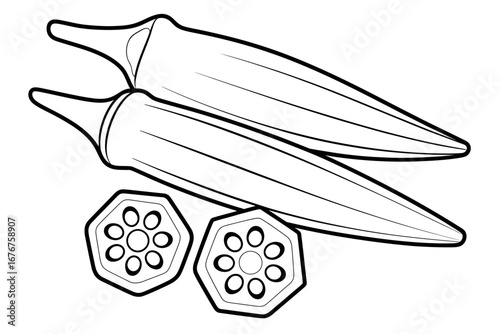 A detailed line art illustration of whole and sliced okra pods. Vector outline of the fresh lady's finger vegetable for healthy food concepts.