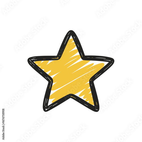 Charming hand-drawn yellow star doodle, ideal for quality ratings, favorite icons, or a friendly graphic element. Features a simple sketch outline and textured fill.