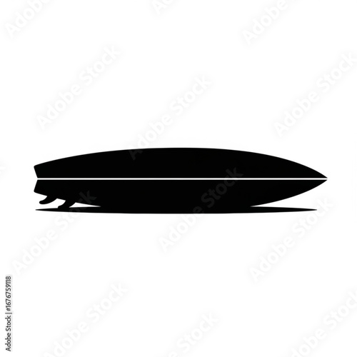 Black silhouette of a surfboard with fins on a white background