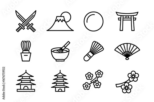 Japanese Culture Icons Swords, Mount Fuji, Temples & Traditional Symbols
